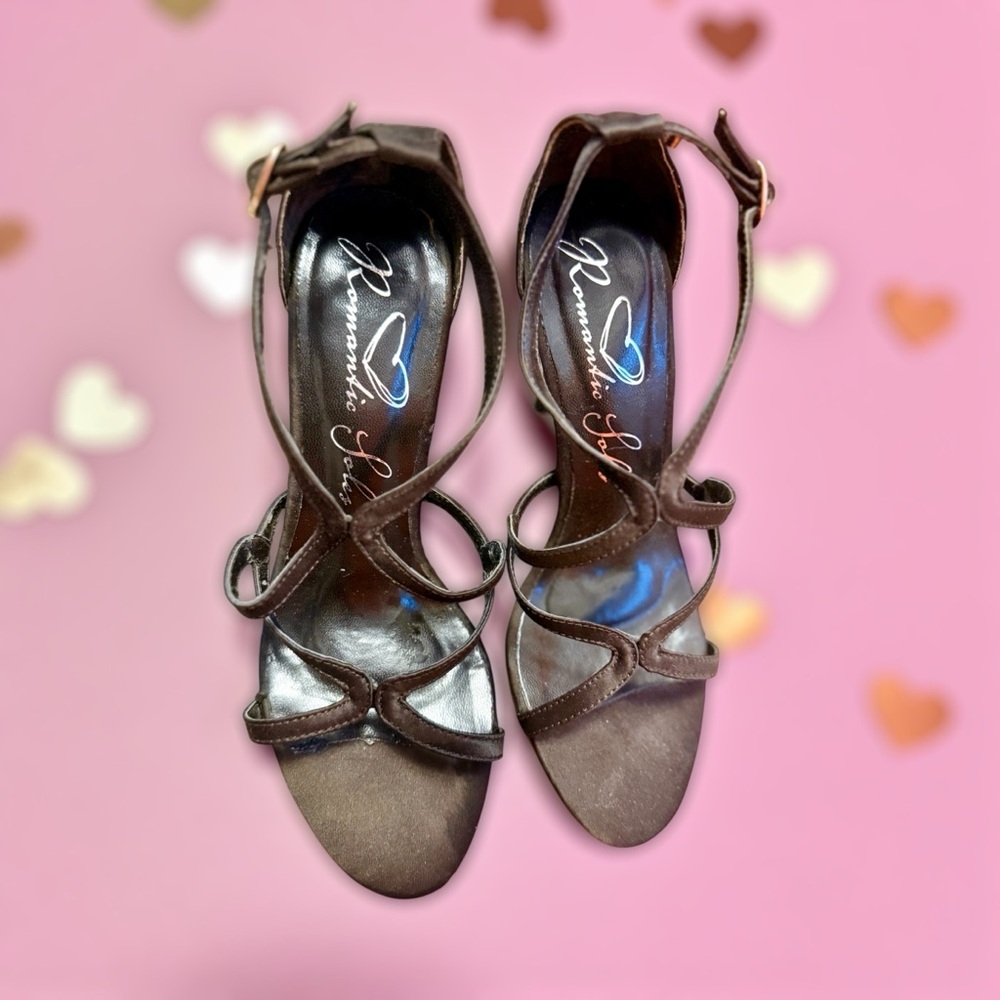 Brown Satin Strappy Heels with Red Heart Soles